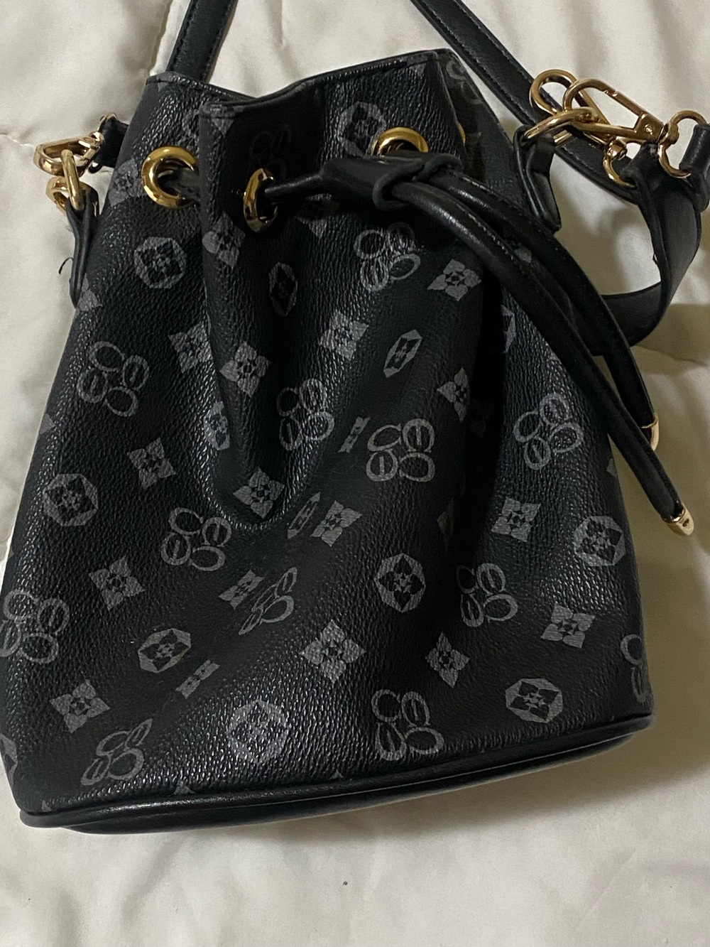 Black Patterned Drawstring Crossbody Bucket Bag